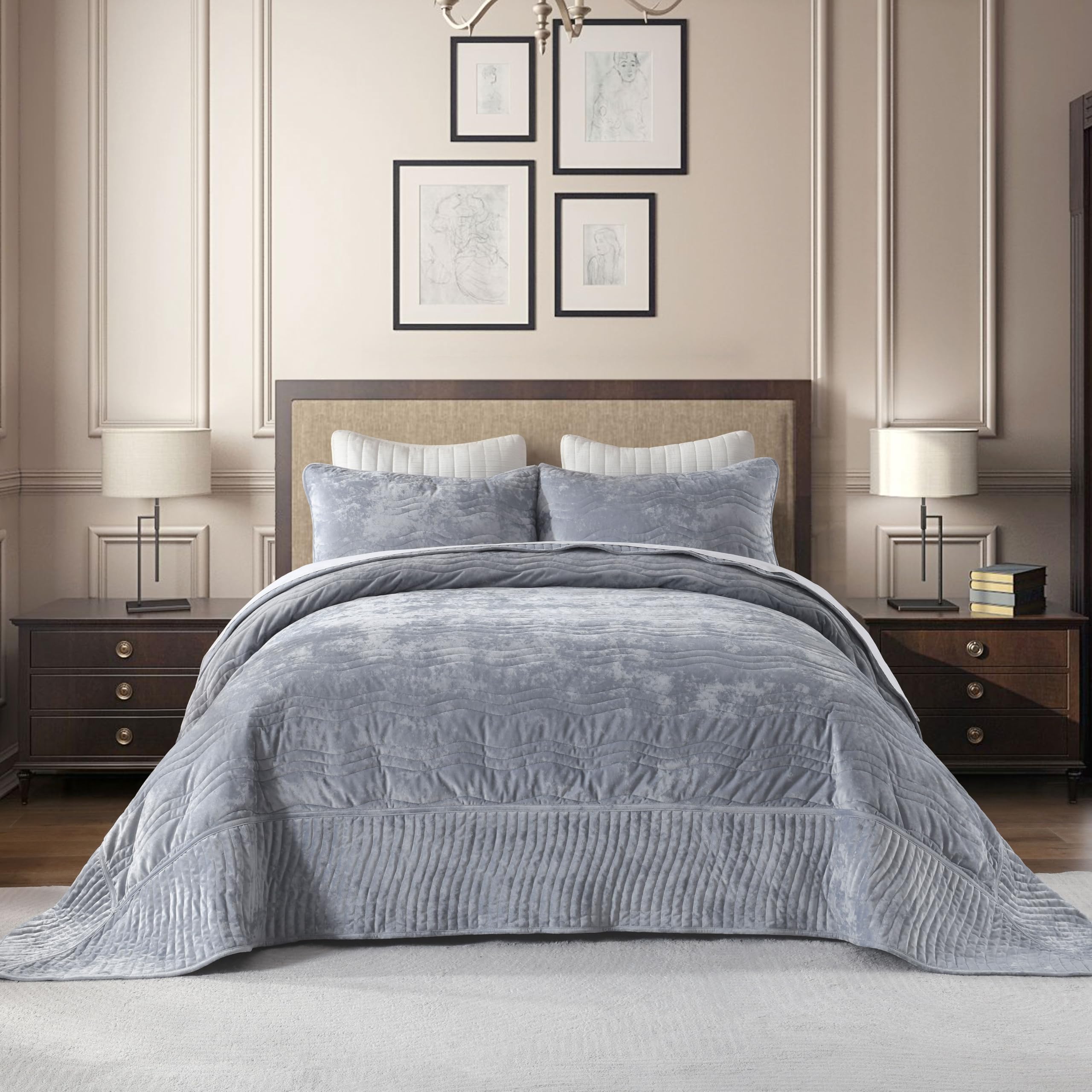 California King Patchwork Velvet Comforter,Light Blue Wave Pattern