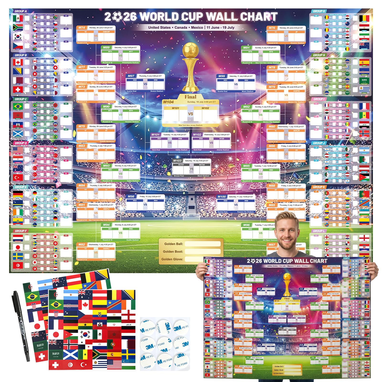 IHCEMIH Updated 2026 World Cup Schedule Poster Canvas Wall Chart 45"x32" Tournam