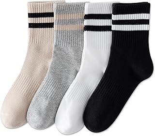 YUWELL Womens Striped Crew Socks, Cotton Socks for Women 4Pairs,Size 5-10