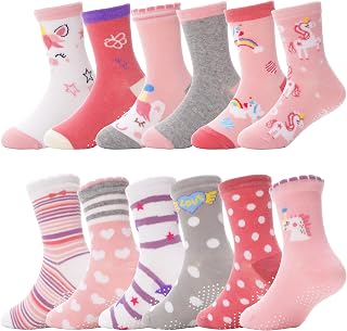 ANTSANG Baby Girls Toddlers Grips Socks, Kids Unicorn Crew Cotton Socks