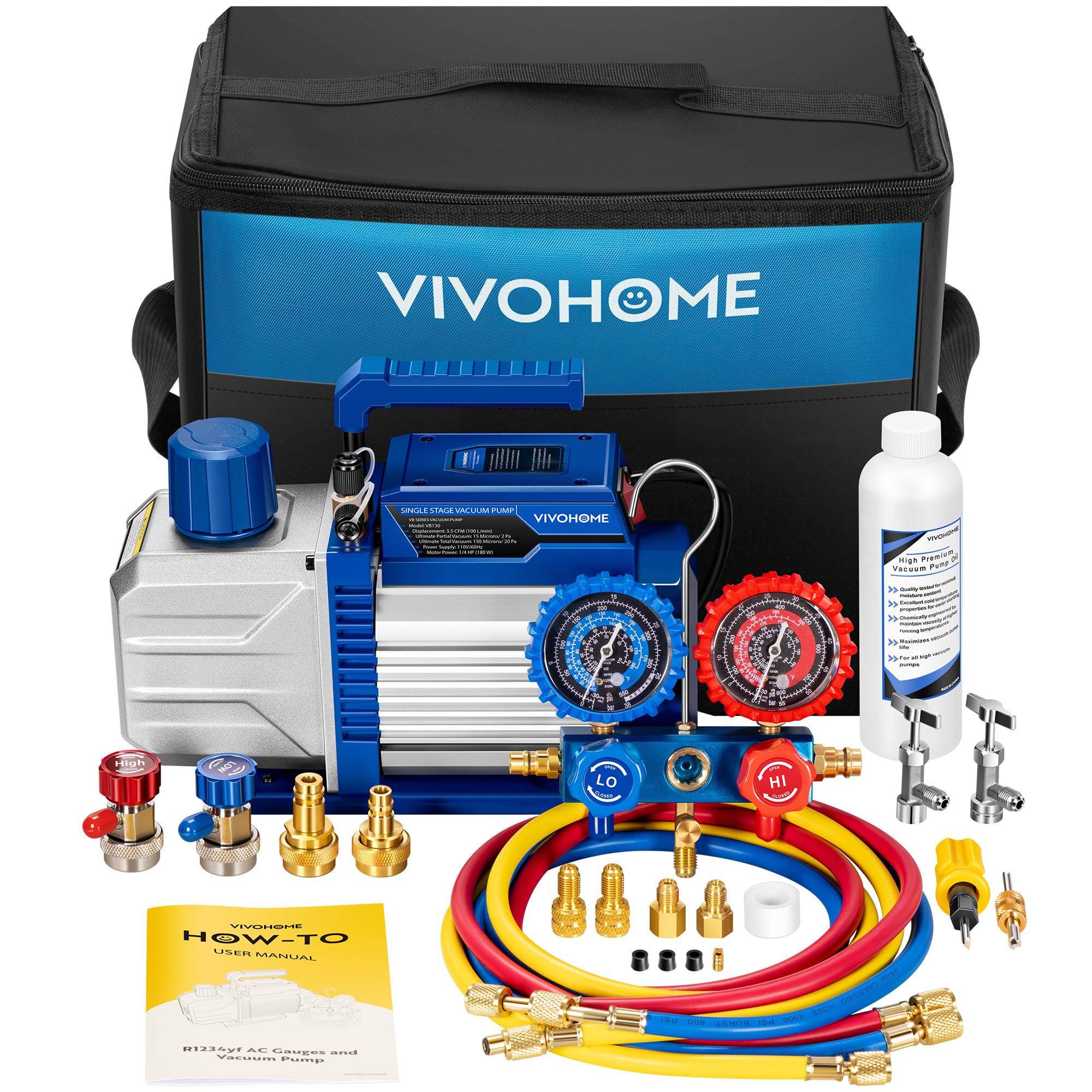 VIVOHOME A2L 1/4 HP 3.5CFM 1 Stage AC Vacuum Pump and Manifold Gauge Set | 110V 