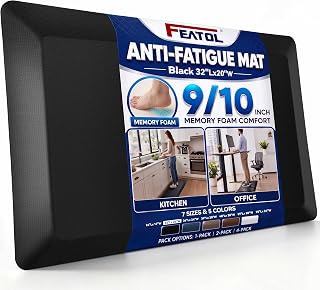 FEATOL Anti Fatigue Mat for Standing Desk & Kitchen Floor, 9/10 Extra Thick | Ergonomic Memory Foam Standing Mat,Cushioned Comfort Floor Mat for Office,Kitchen, Home, All-Day Work (20" x 32", Black, 1PC)