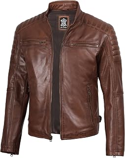 fjackets Cafe Racer Mens Genuine Leather Jacket - Real Lambskin Moto Style Leather Jacket Men, Quilted Biker Jacket for Men