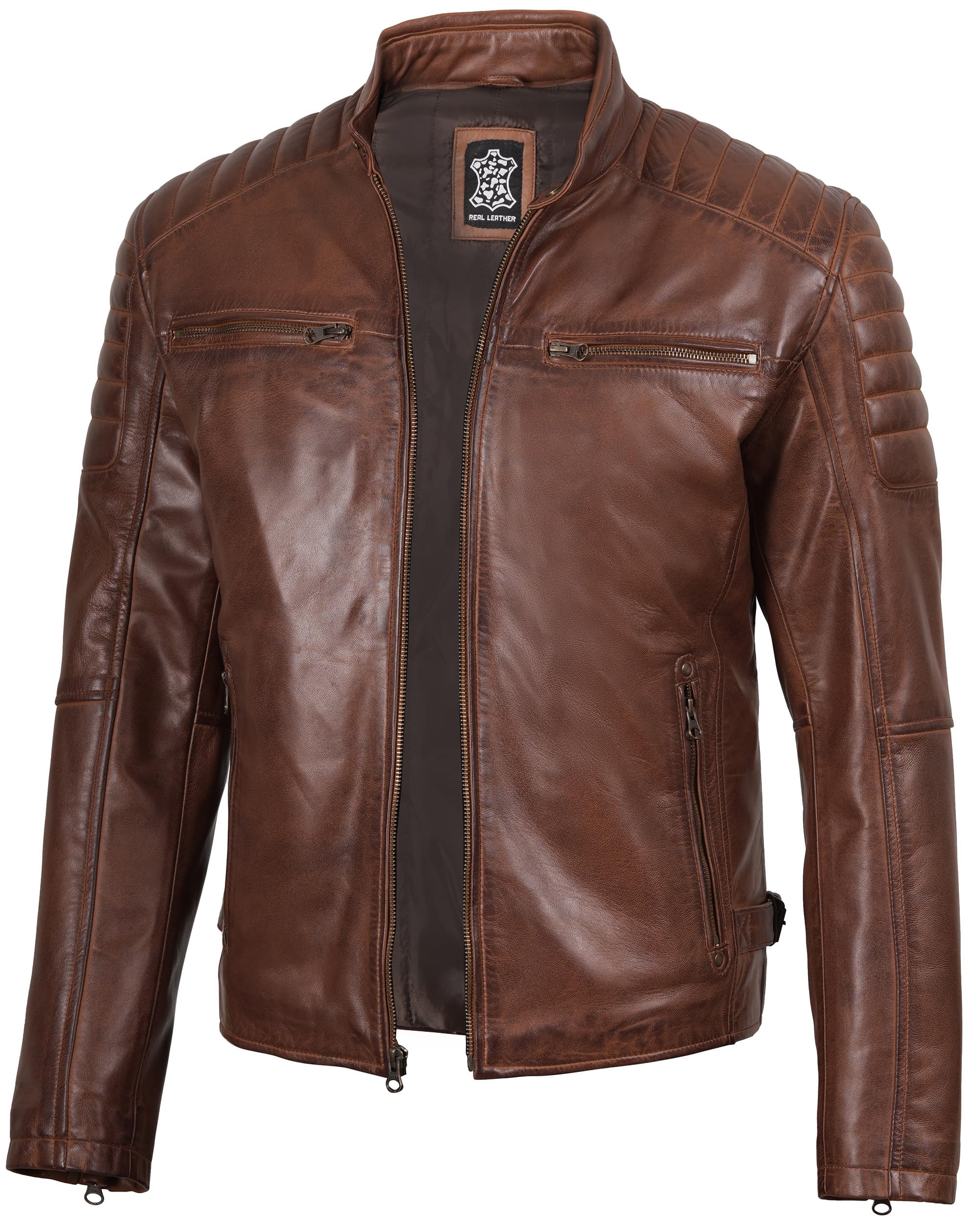 fjackets Cafe Racer Mens Genuine Leather Jacket - Real Lambskin Moto Style Leath