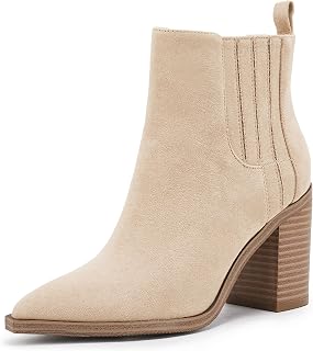 Coutgo - Stivaletti da donna, con tacco medio, punta a punta, stile casual, stile occidentale, Crema, 39 EU