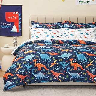 PPOLCA Queen Size Dinosaur Kids Bedding Set for Boys, 7 Pieces Super Soft Lightweight Microfiber Comforter Set with Sheets, Bed in a Bag, Children Bed Set