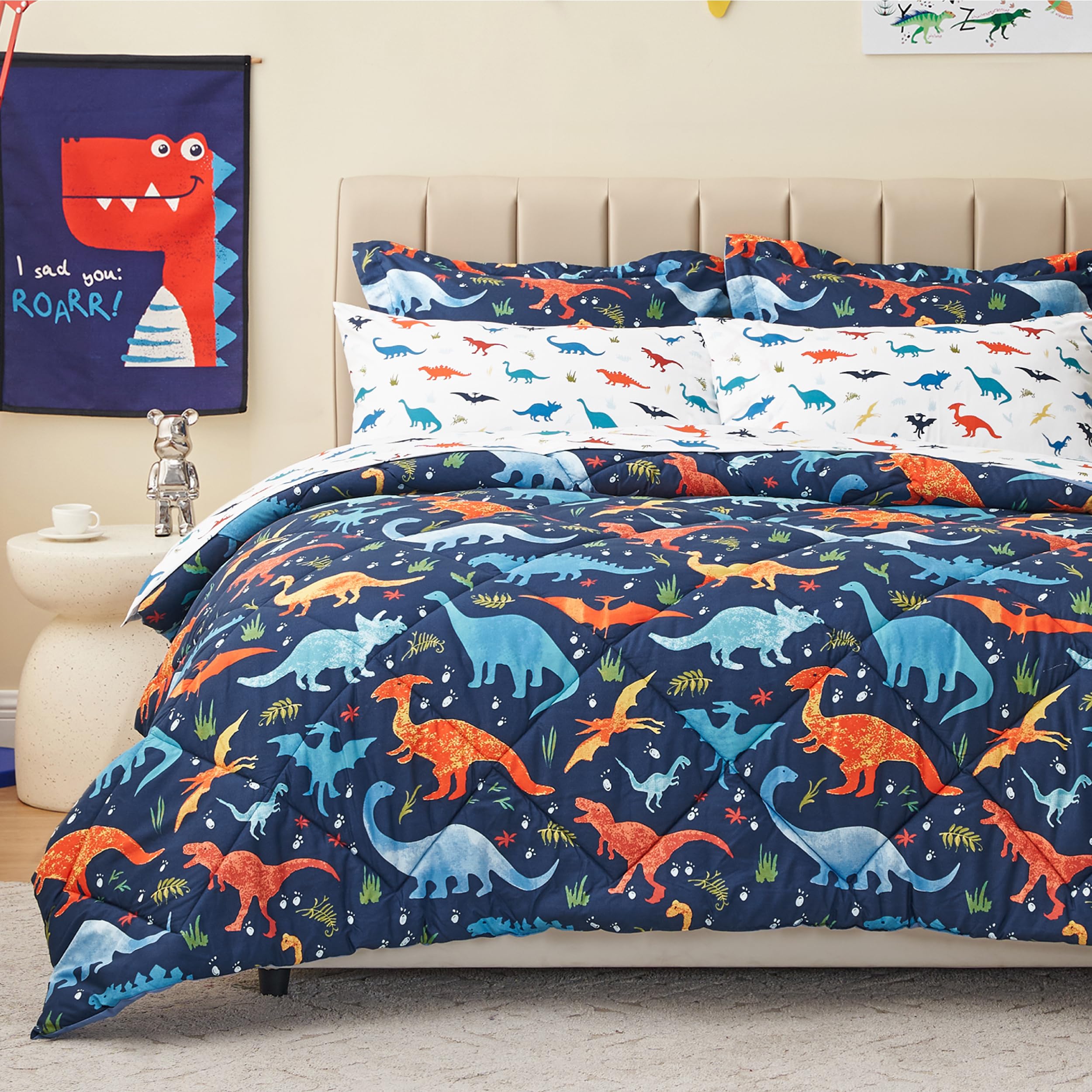 PPOLCA Queen Size Dinosaur Kids Bedding Set for Boys, 7 Pieces Super Soft Lightw
