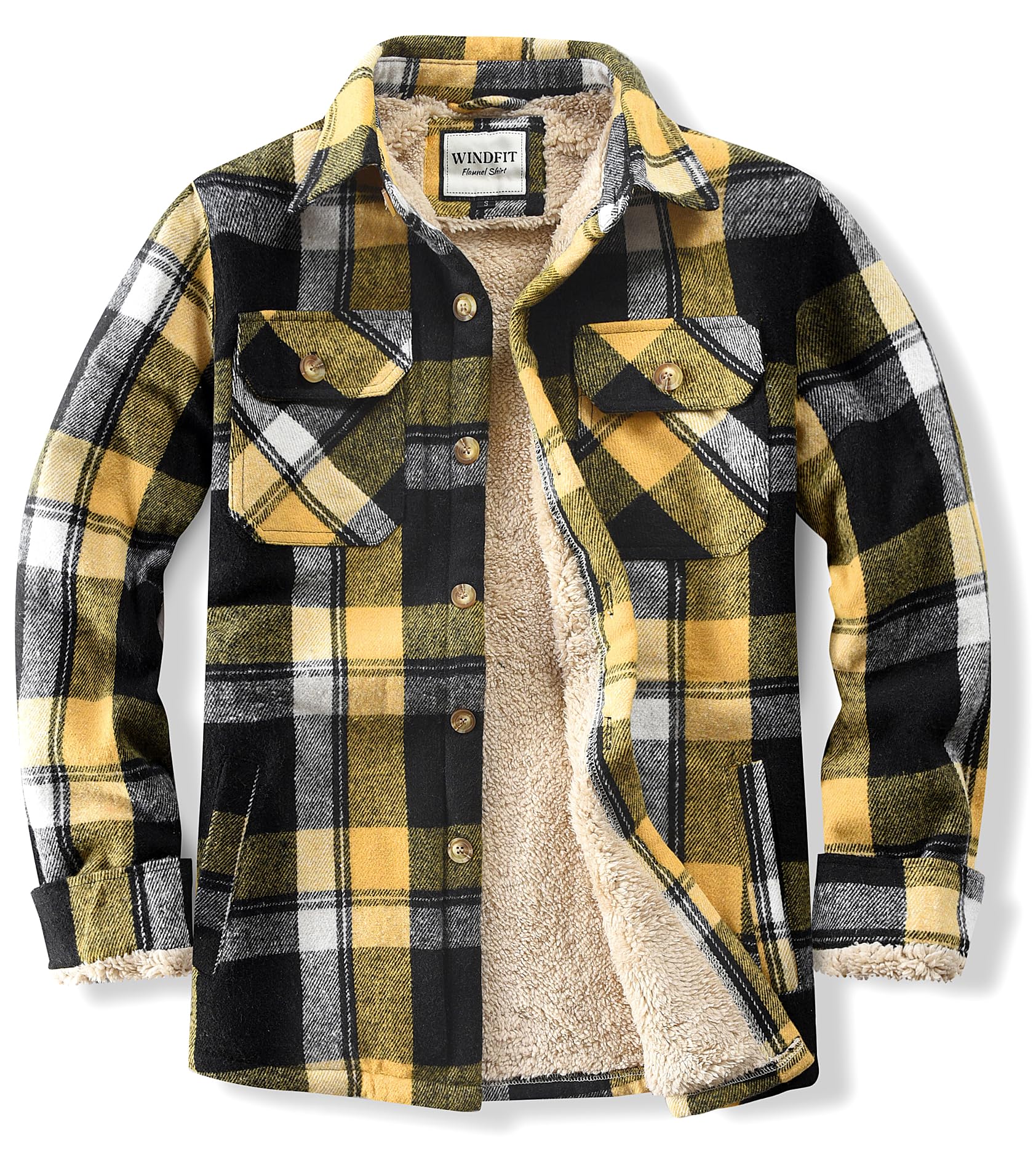 WINDFIT Men's Cotton Sherpa Button Down Flannel Shirt Jacket Plaid Shirt