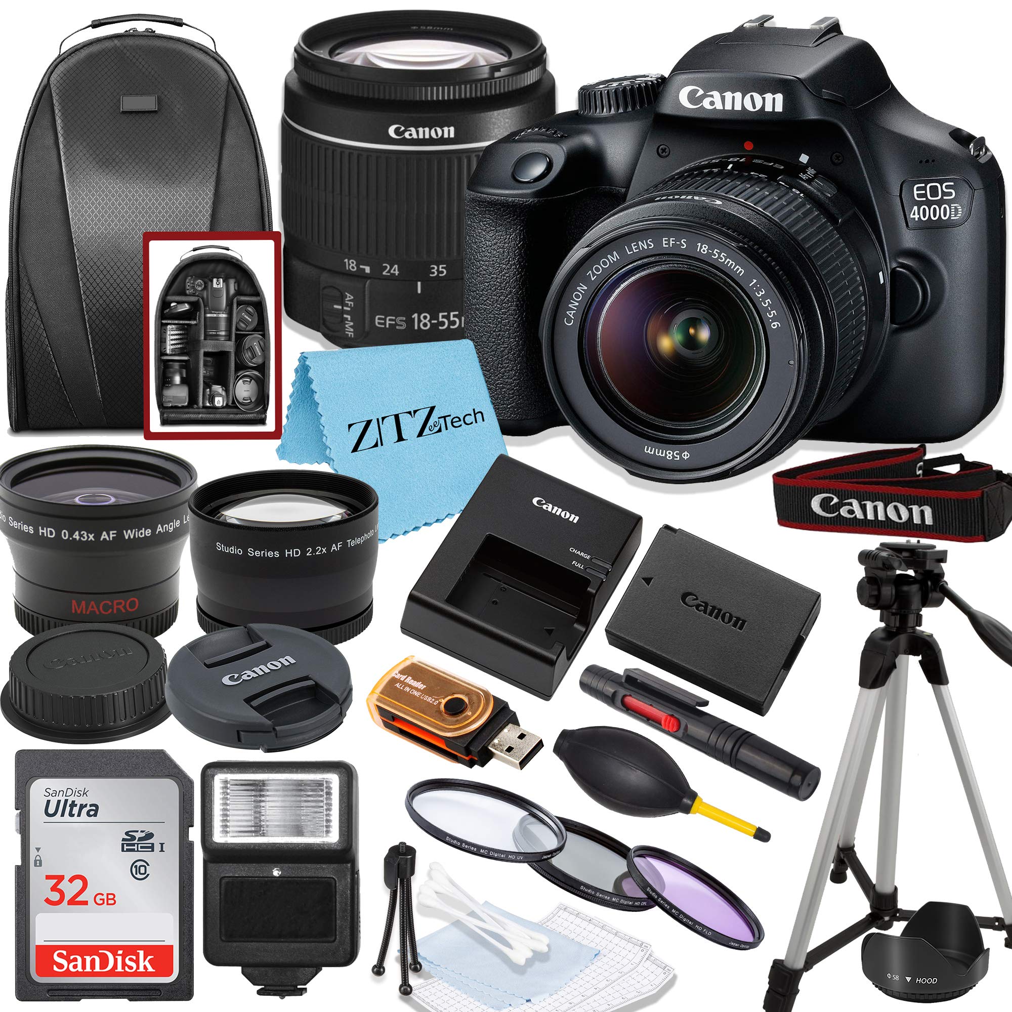 Canon EOS T100/4000D DSLR Camera with EF-S 18-55mm Lens, SanDisk Memory Card, Tr