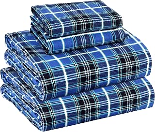 RUVANTI Flannel Sheets Queen Size - 100% Cotton Double Brushed Bed Sheets, Deep Pockets 16 Inches Queen Sheet Set, All Seasons Breathable & Extra Soft - Warm & Cozy, 4 Piece, Blue Plaid