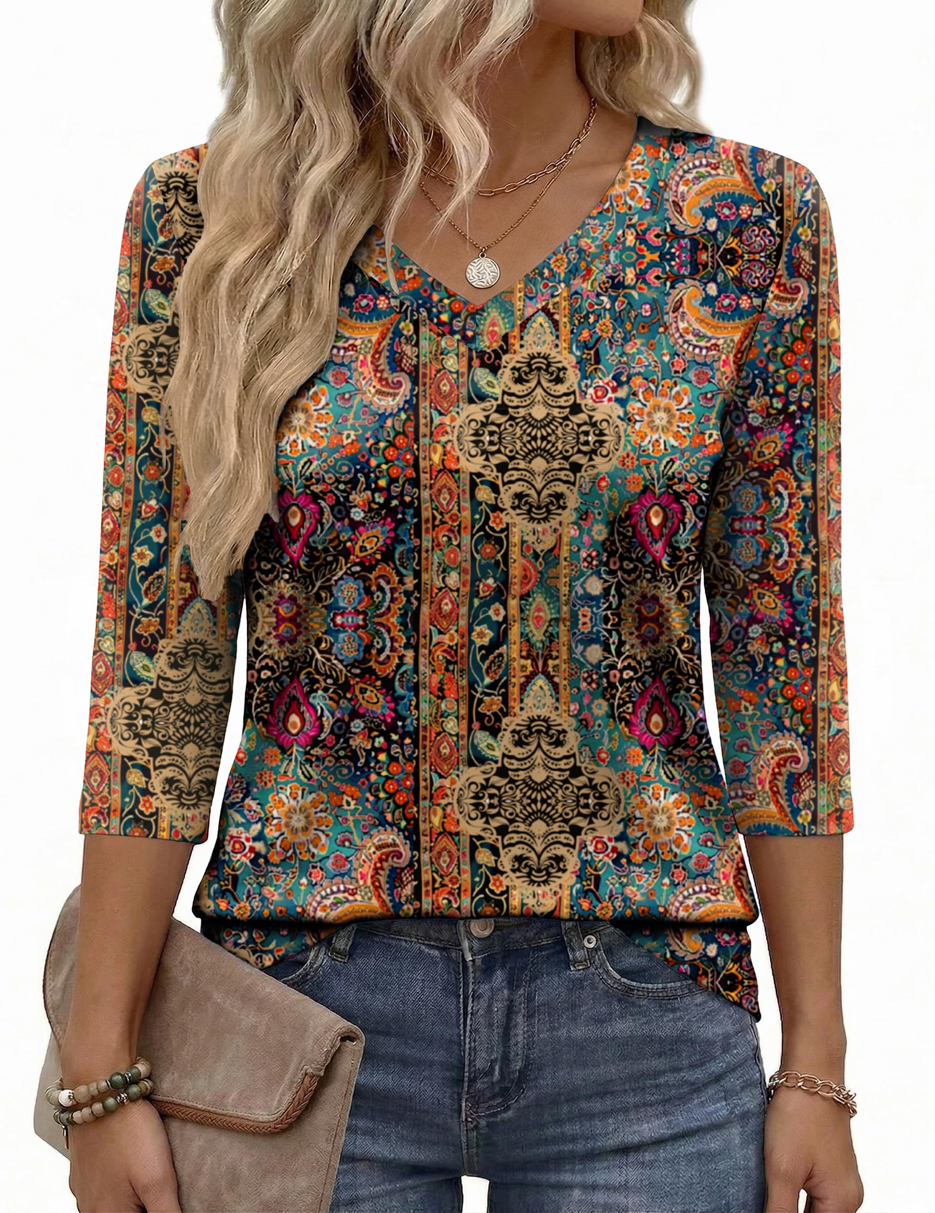 Zeagoo Women's 3/4 Sleeve Blouses Casual V-Neck Basic T Shirts Work Blouses for 