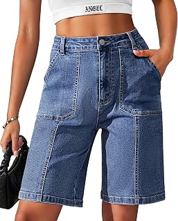 Eddoyee Bermuda Shorts for Women Long Knee Length Jean Shorts Denim Stretchy Cotton Jorts with Pockets Casual Relaxed Fit