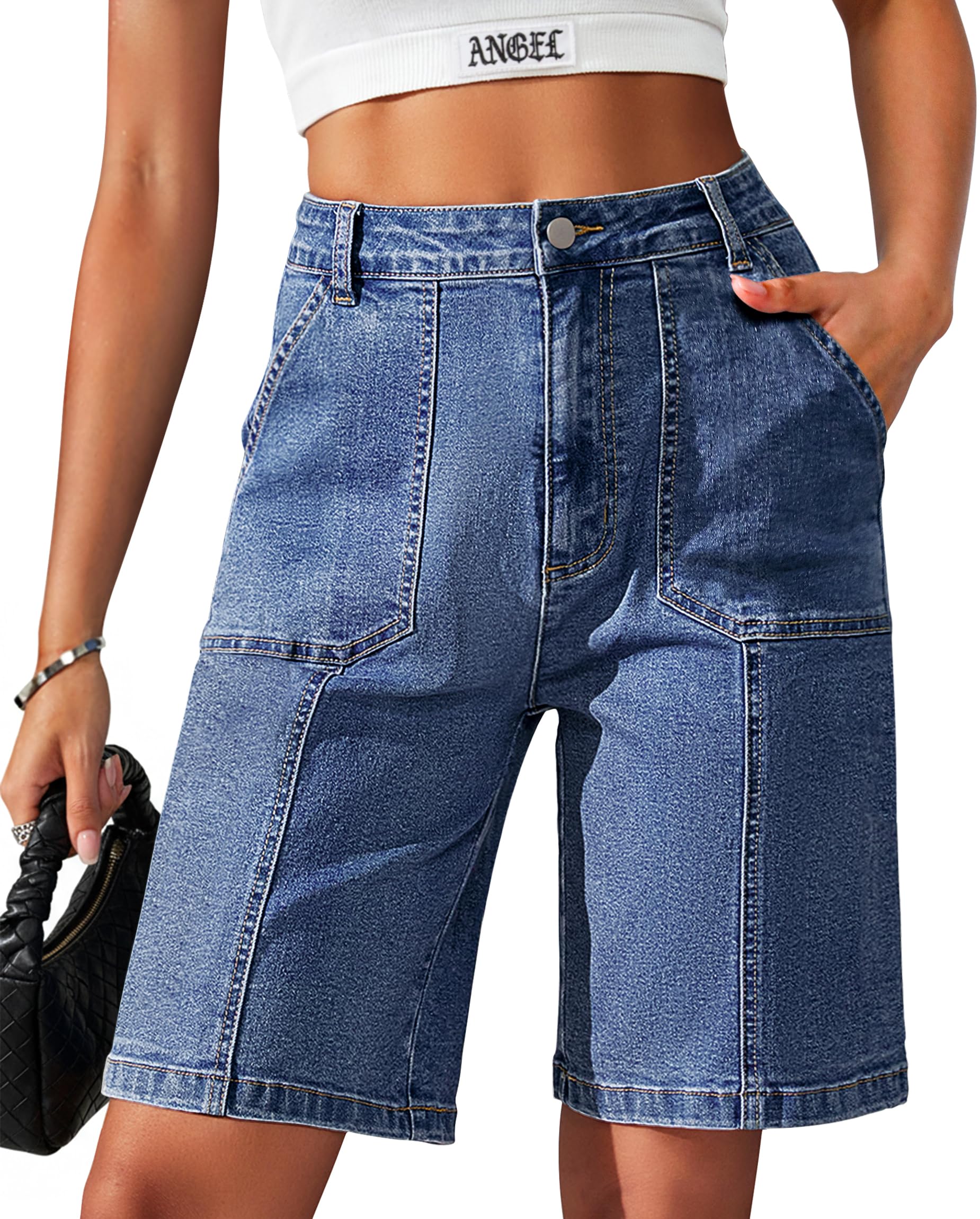 Eddoyee Bermuda Shorts for Women Long Knee Length Jean Shorts Denim Stretchy Cot