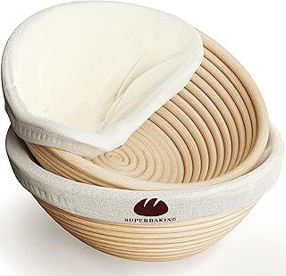 Superbaking Sourdough Banneton Bread Proofing Basket, 9" Round, Set of 2 | Splinter-Free, Non-Stick Liner, Sourdough Starter Kit, Sourdough Bread Baking Supplies & Tools, Gift Set