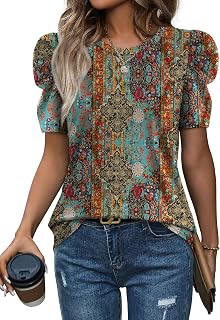 WIHOLL Summer Tops for Women Puff Sleeve Crewneck T Shirts Dressy Casual Blouses Spring Outfits Fashion Clothes