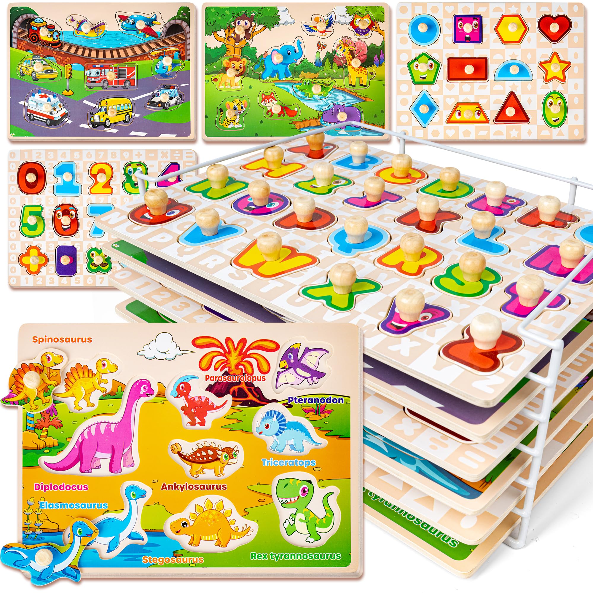 SYNARRY Wooden Puzzles for Toddlers 1-3, 6XSET Puzzles for Toddlers 2-4 with Rac