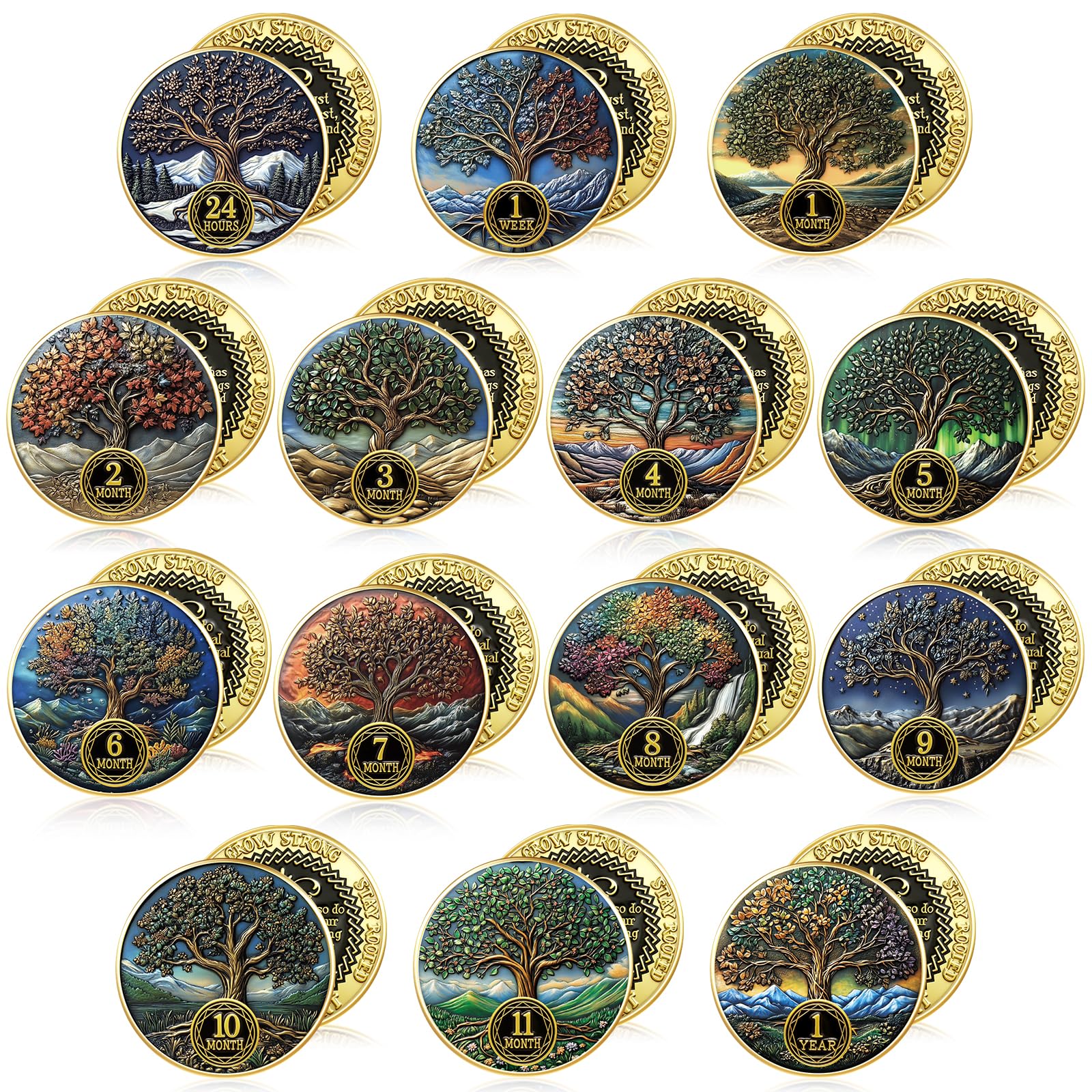 Blueweenly 14 Pcs AA Sobriety Coins Set, 24 Hour & 1-11 Month,Tree | Recovery To