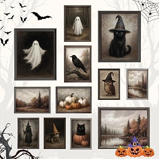 97 Decor Vintage Halloween Wall Art, Ghost and Witchy Posters, Unframed | Prints 8x10, 5x7 and 4x6, gothic ghost and black cat art, indoor fall seasonal decor, bedroom