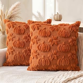 AVOIN colorlife Fall Pumpkin Maple Leaves Caramel Throw Pillow Covers, 18 x 18 Inch Autumn Thanksgiving Harvest Soft Plush Faux Fur Jacquard Cushion Case Decoration for Sofa Set of 2