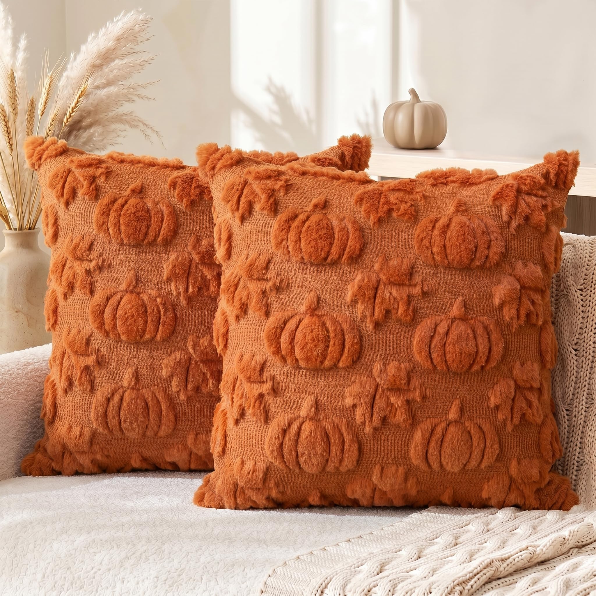 AVOIN colorlife Fall Pumpkin Maple Leaves Caramel Throw Pillow Covers, 18 x 18 I