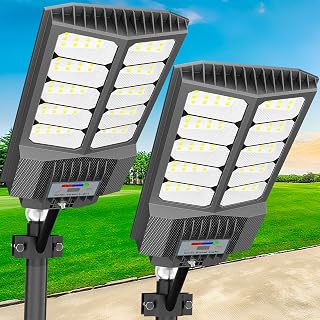 loyoele Solar Street Light with Pole Mount, Dusk-to-Dawn Outdoor LED, 300000 LM, 7000K IP67 Waterproof, Adjustable Modes, for Yard, Parking Lot, Street, Pathway