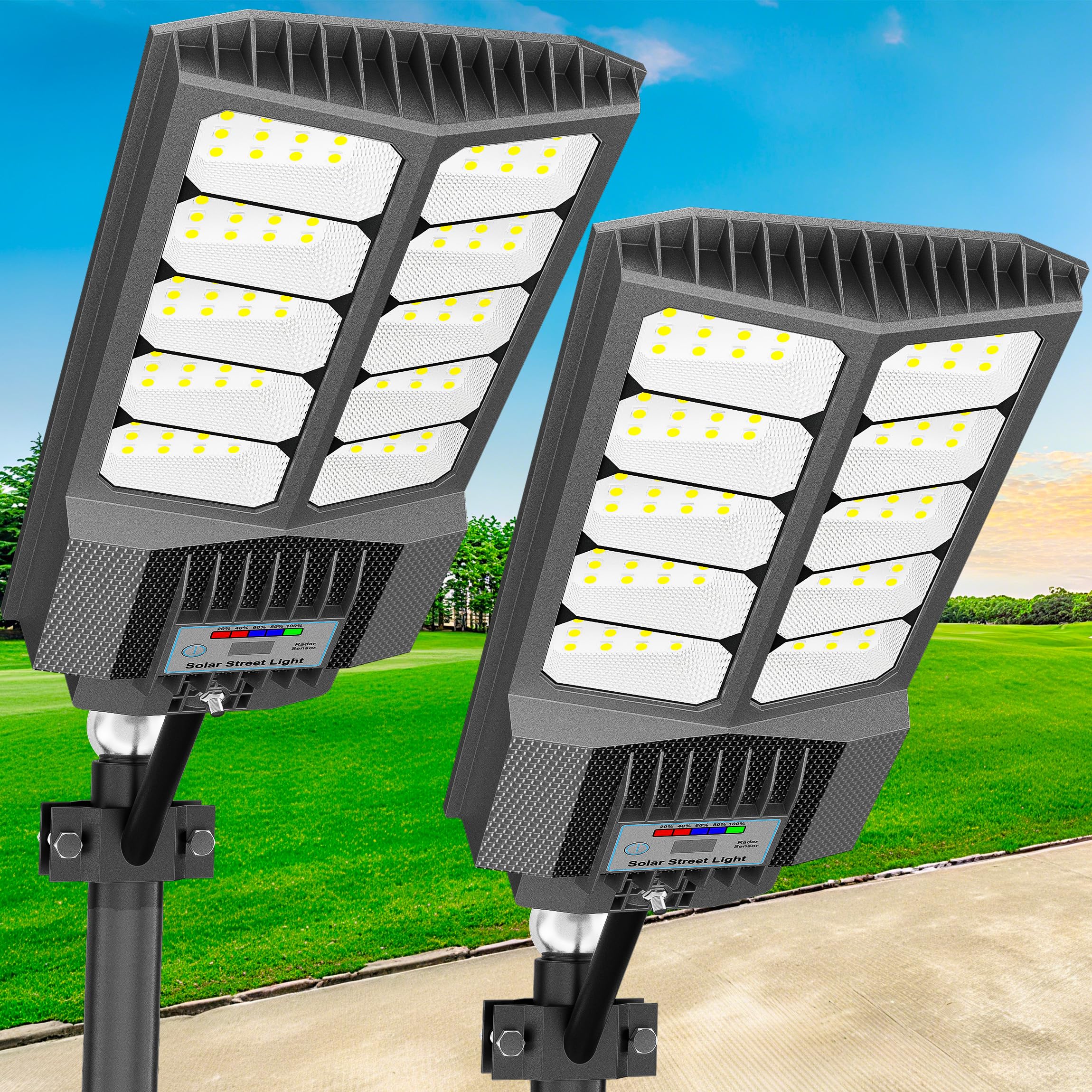 loyoele Solar Street Light with Pole Mount, Dusk-to-Dawn Outdoor LED, 300000 LM,