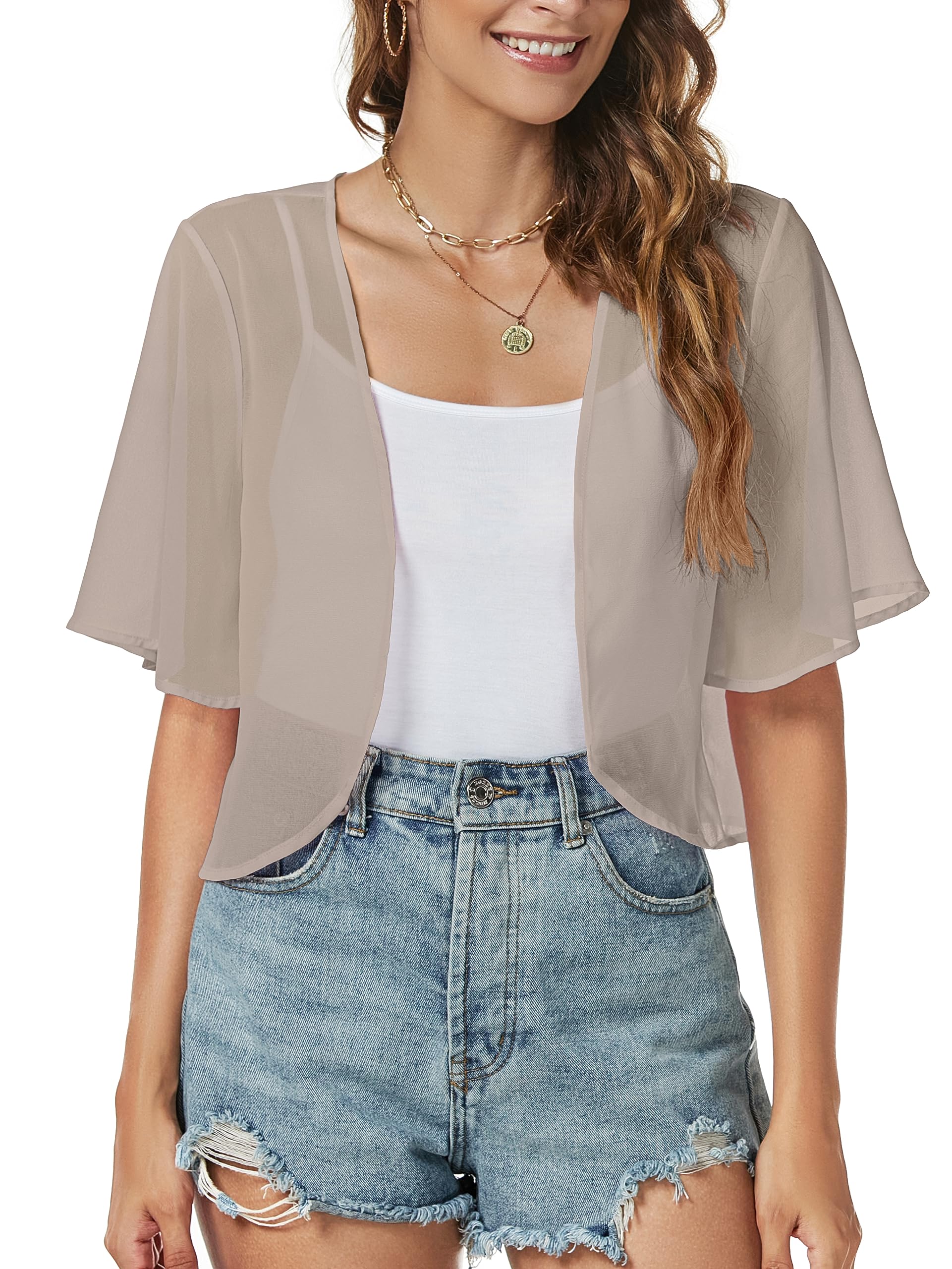 Women Shrug Chiffon Cardigan Open Front Short Sleeve Sheer Bolero for Dress