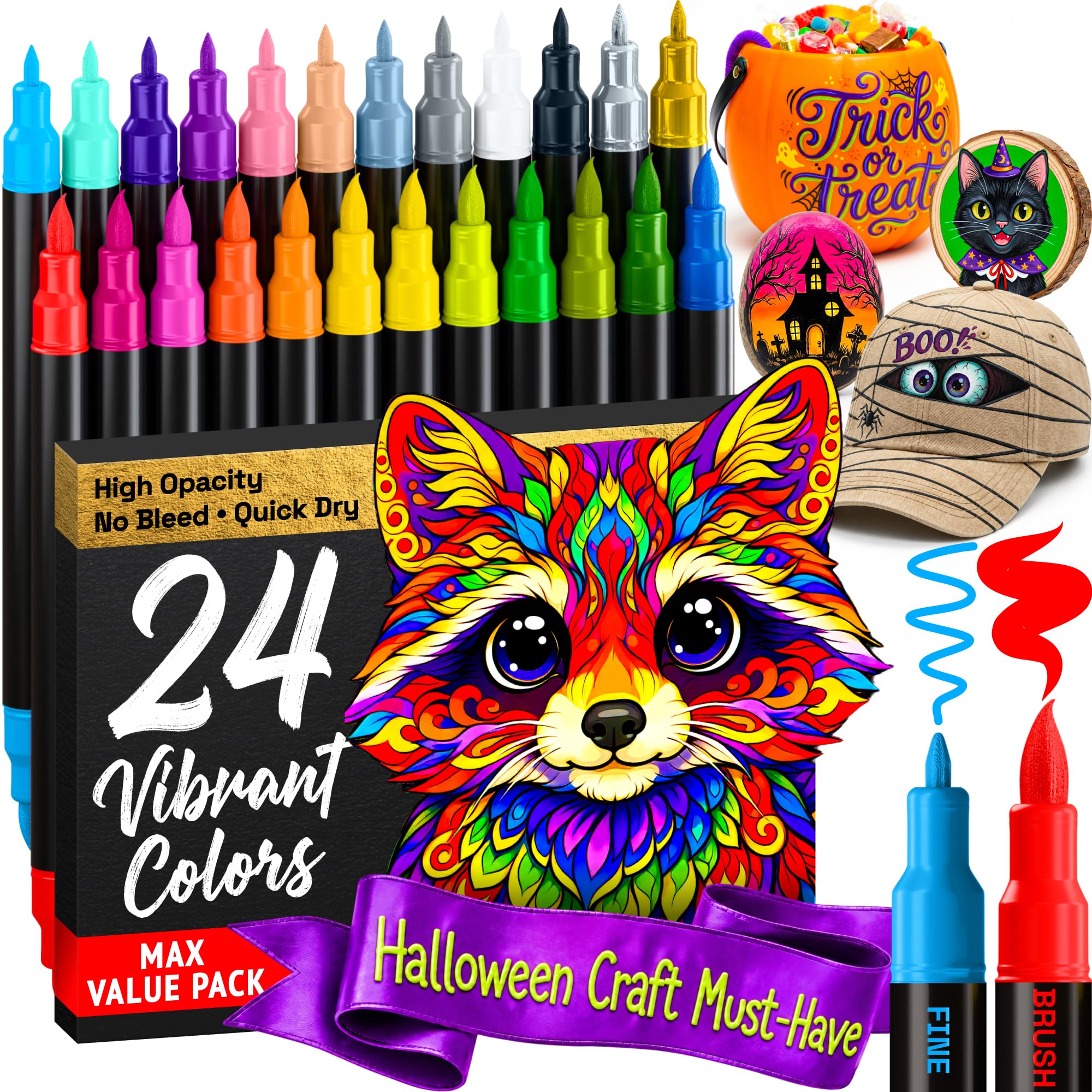 ARTISTRO 24 Acrylic Paint Pens Dual-Tip Brush+Fine for Fabric, Rock & Glass | Wa