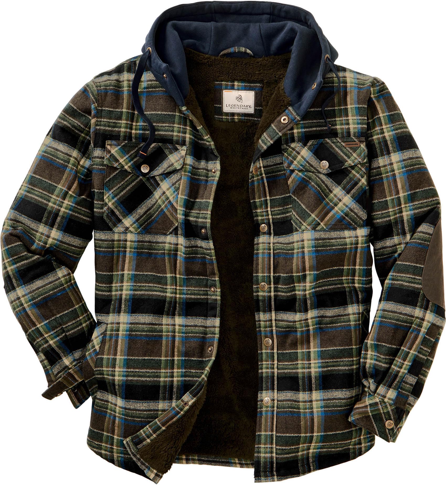 Legendary Whitetails Men's Hooded Shirt Jacket Plaid Flannel Berber Lined Polyfi