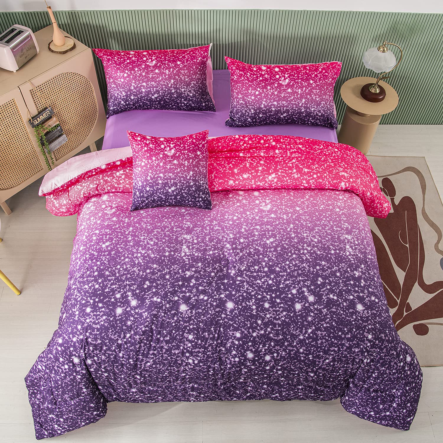 PERFEMET 6 Pieces Queen Size Comforter Set with Sheets, Purple Glitter Tie Dye B