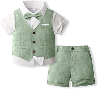 Volunboy Outfits for Baby Boys Wedding Ceremony, Summer Set of Vest, Shirt, Bow Tie, Shorts 4 Pieces