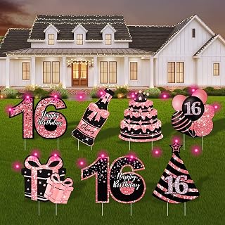 Sweet 16 Birthday Decorations - 7 Pcs Black & Pink Sweet 16 Yard Signs with Stakes, 2 Pcs LED Lights, Sparkling at Night, Weatherproof, Perfect Outdoor Lawn Decorations