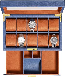 ROTHWELL 10-Slot Watch Box in Leather with Valet Drawer, Luxury Watch Case Display Organizer with Ultra Soft Microsuede Liner, Jewelry and Sunglass Holder With Large Glass top (Blue/Tan)