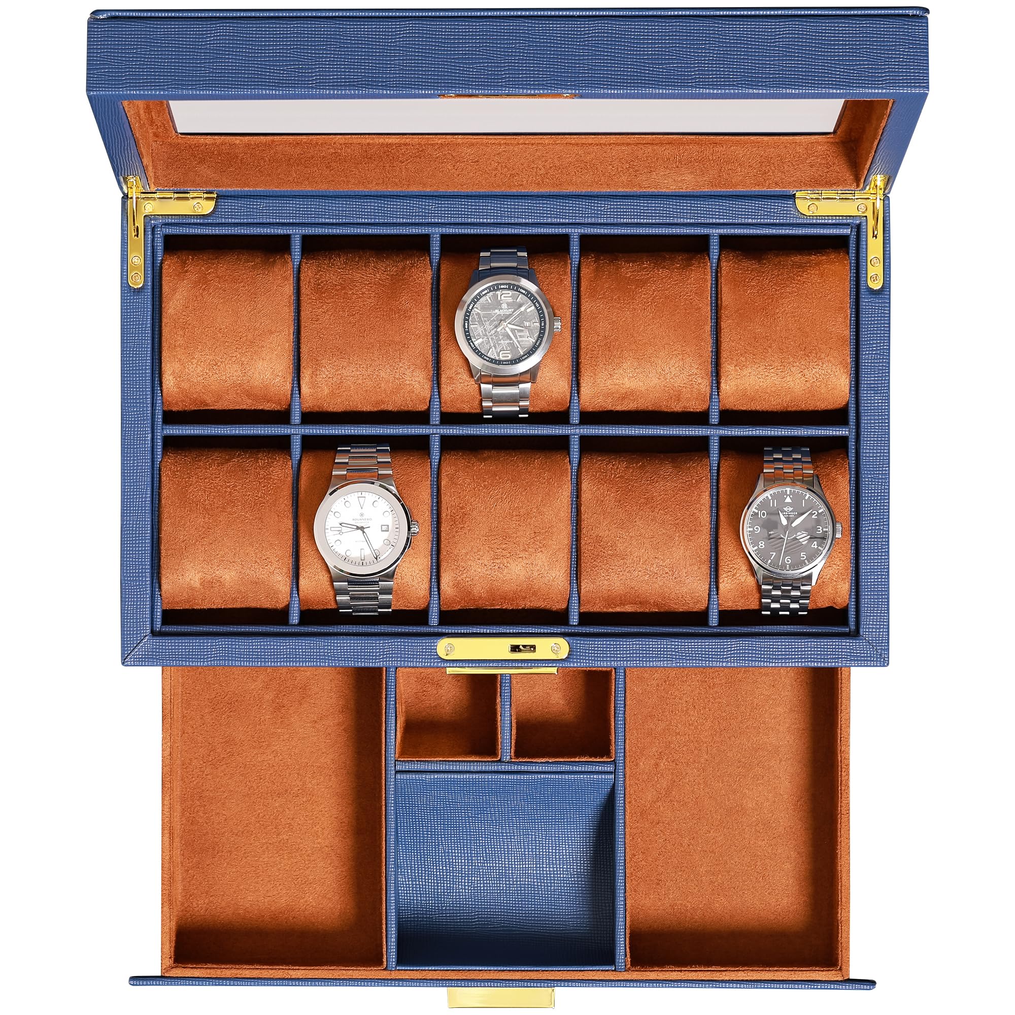 ROTHWELL 10-Slot Watch Box in Leather with Valet Drawer, Luxury Watch Case Displ