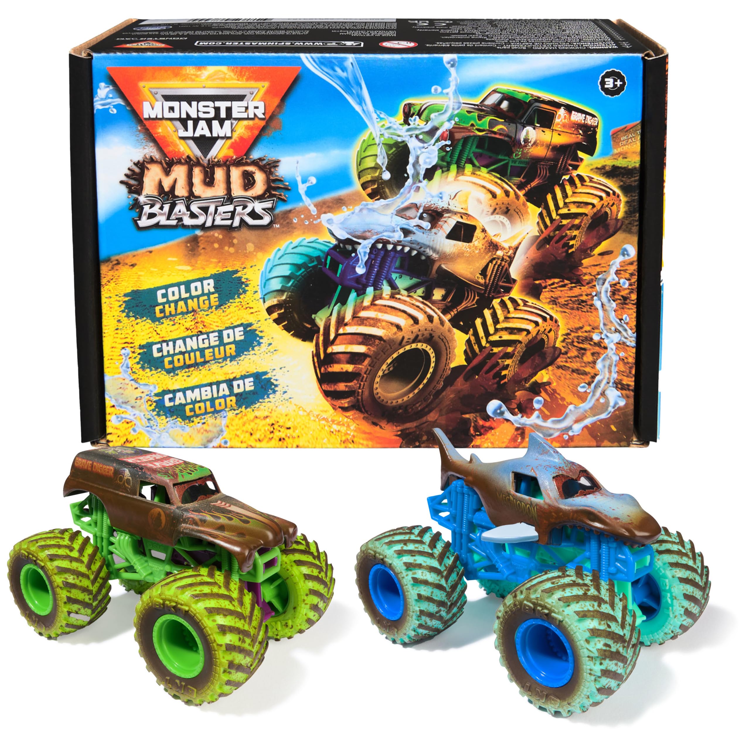 Monster Jam Mud Blasters Grave Digger & Megalodon 2-Pack | Includes 2 Color Chan