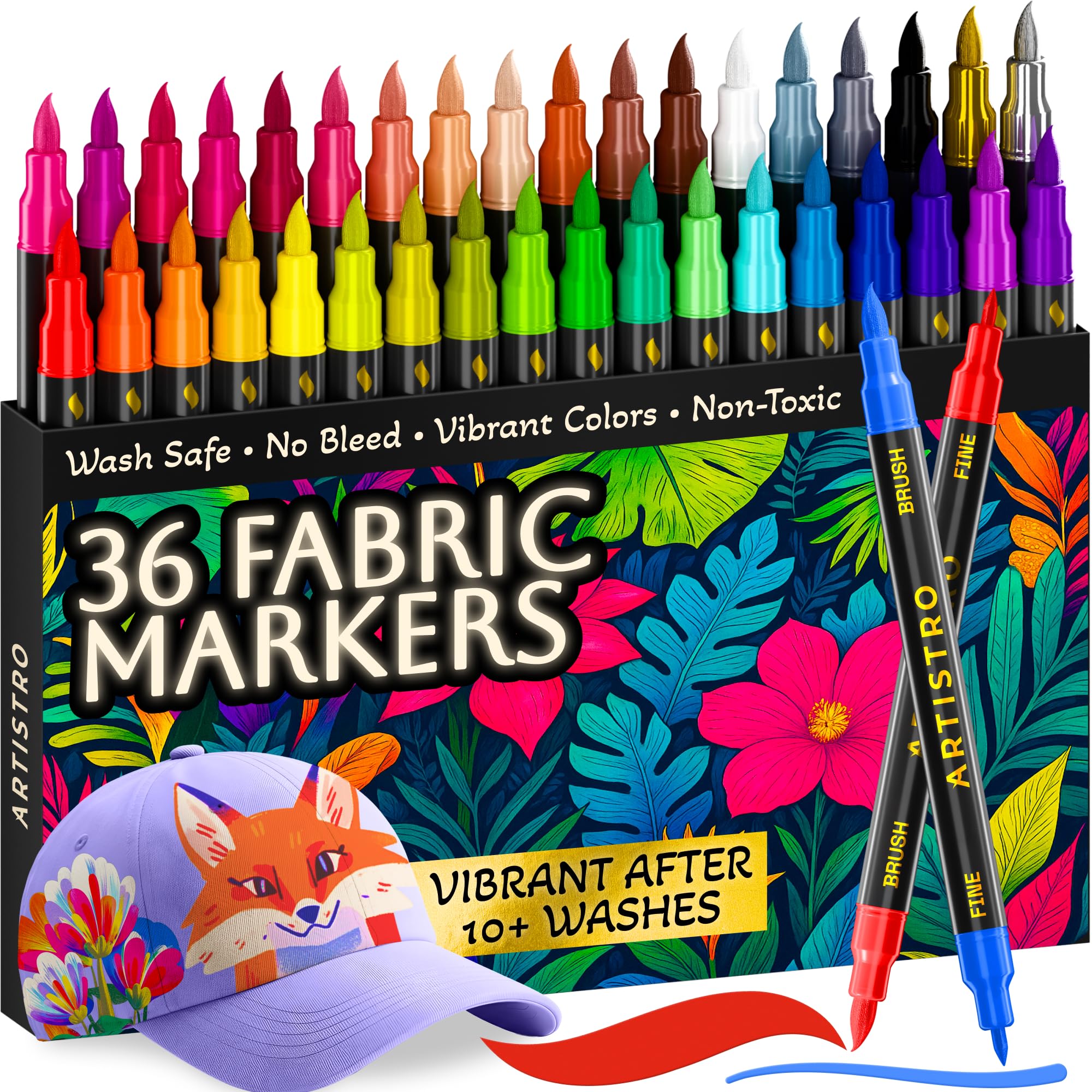 ARTISTRO 36 Acrylic Paint Markers, Clothing Dyeing Set, Brush & Fine Tip | Brush