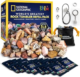 National Geographic Rock Tumbler Refill Kit with 5 Lbs. Rough Rocks | 5 Lbs. Rough Rocks and Gemstones, 4-Stage Grit and Polish, Rock Polishing Supplies, Compatible with Most Tumblers