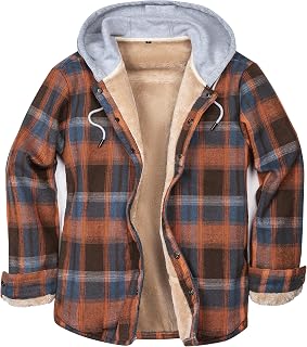 IVUMA Men's Cotton Plaid Long Sleeve Shirts Jacket Fleece Lined Flannel Shirts Sherpa Button Down Coat with Hood