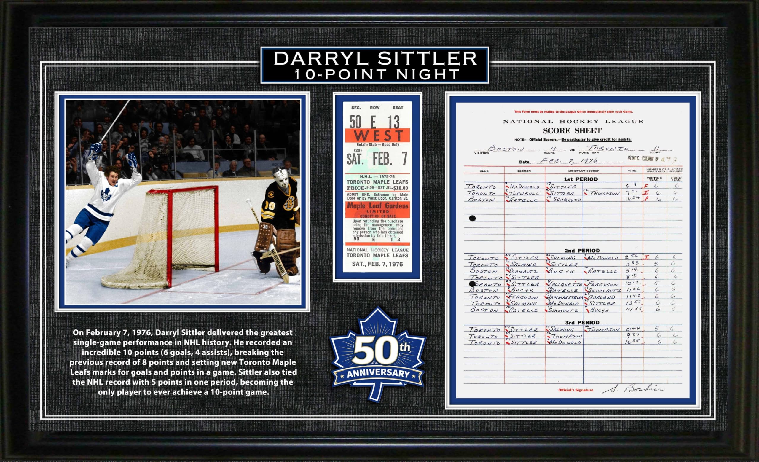Darryl Sittler Toronto Maple Leafs Framed 10 Point Night Replica Score Sheet and