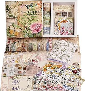 Vintage Botanical Scrapbooking Supplies Kit, Aesthetic Flower Scrapbook Kit for Bullet Junk Journal, 12 Rolls Washi Tape, Stickers Papers for DIY Journaling Supplies, Craft Gift for Girl Women