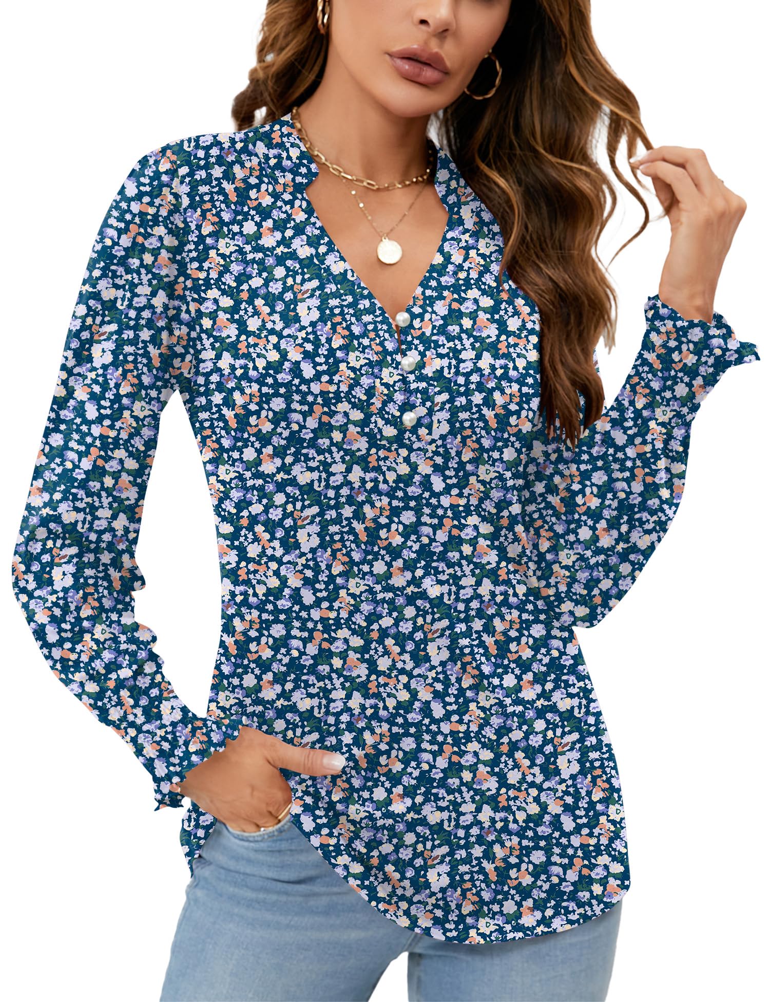 Rapbin Women V Neck Blouses Long Sleeve Button Down Long Sleeve Blouses Autumn T