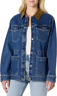 Amazon Essentials Women's Regular-Fit Low Stretch Denim Cinched Waist Barn Jacket with Corduroy Collar, Chest Pockets