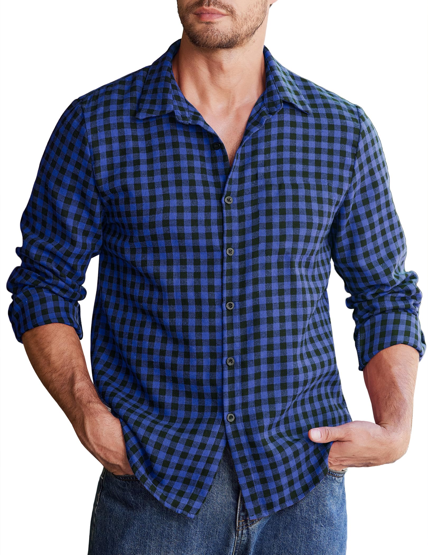 COOFANDY Men's Long Sleeve Plaid Shirt Regular Fit Flannel Plaid Shirt Button Do