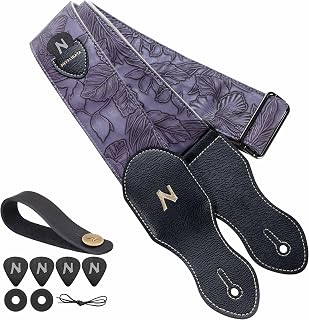 Nefelibata Guitar Strap with Pick Pocket,2.3 inch Porter Style Vegan Leather Guitar Straps,60s Western Vintage,Guitar Pick,Strap Button and Strap Lock(Purple)