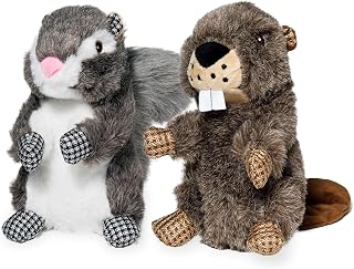 Best Pet Supplies Dog Chew Toys for Small and Medium Dogs, Tough Interactive Squeaky Plush Stuffed Animal Toys - Squirrel & Beaver Bundle