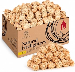 Ecolighters 200 Natural Firelighters, Wood Wool Fire Lighters for Wood Burners, BBQ, Stove, Pizza Oven and Fire Starters, Large Box