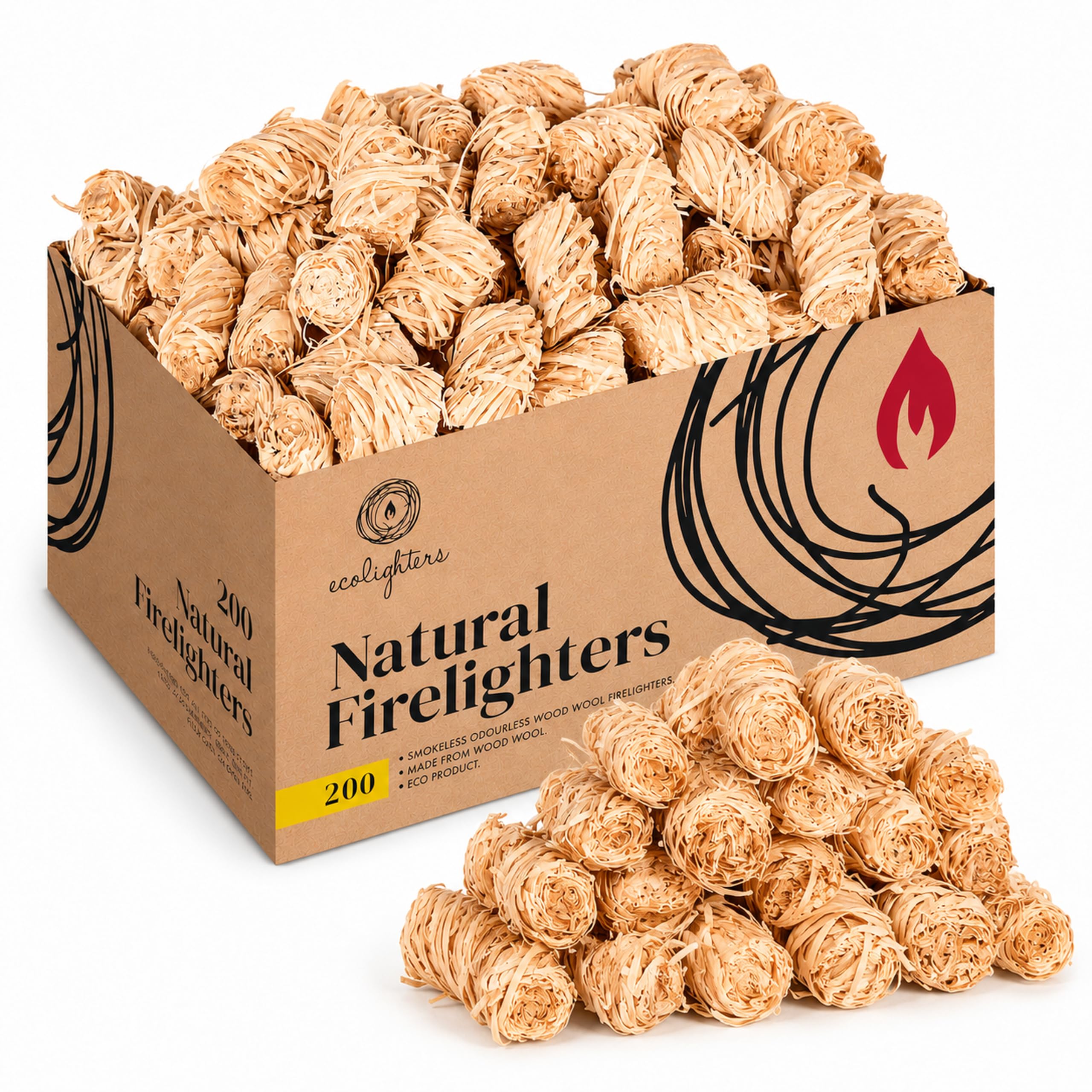 Ecolighters 200 Natural Firelighters, Wood Wool Fire Lighters for Wood Burners, 