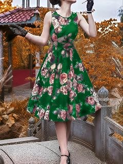 Women's Vintage Print Sleeveless Swing Dress Retro Swing Skirt Round Neck Bold Floral Elegant Tea Party