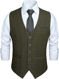 HISDERN Men's Formal Wedding Party Vest Cotton Plaid Dress