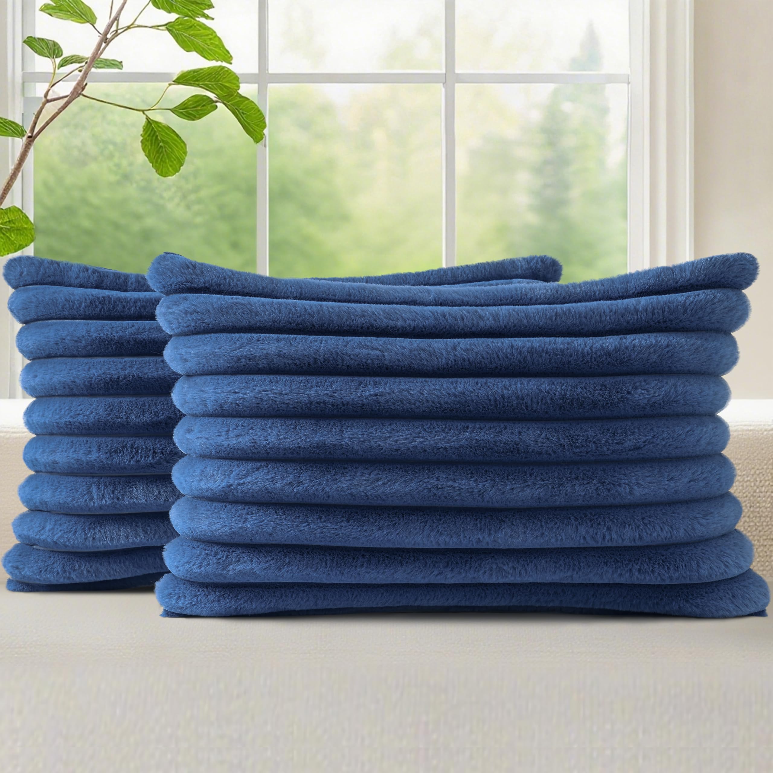 decorUhome Fall Blue Faux Fur Throw Pillow Covers 12x20 Set of 2